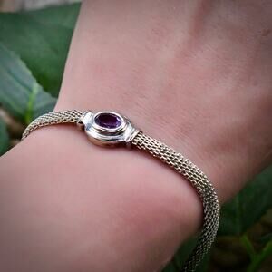 Italian Sterling Silver Mesh Wrap Bracelet Vintage 925 Amethyst 7 Inch
